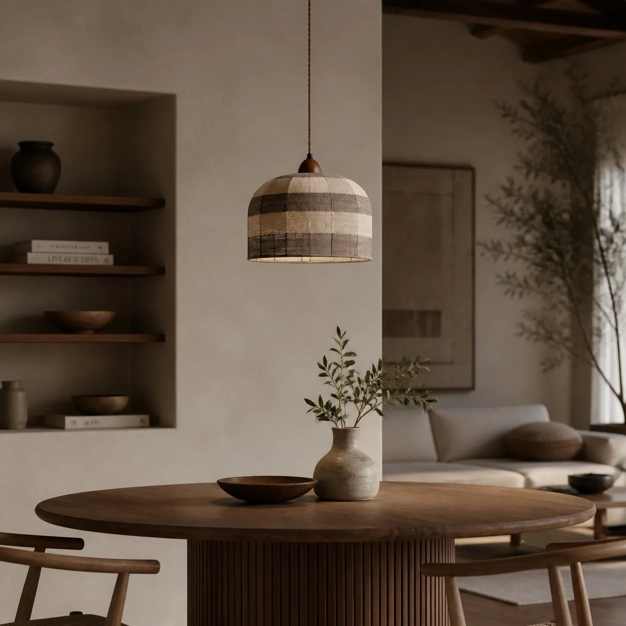 Walnut cup cotton thread pendant light in a warm dining nook