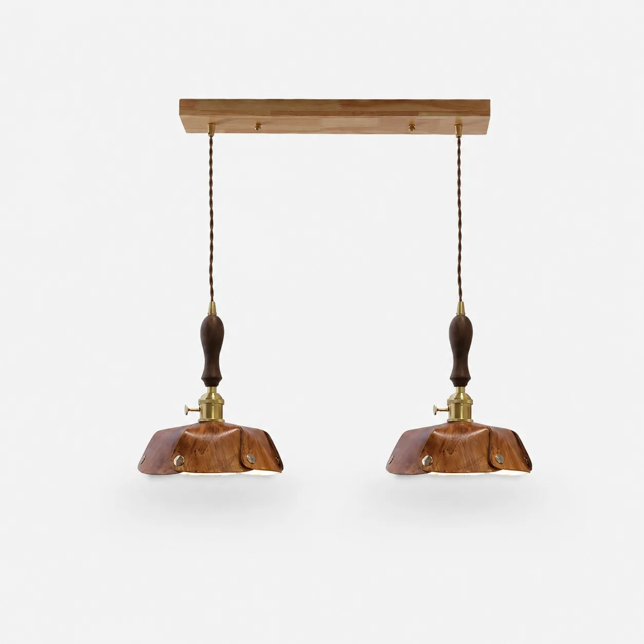 2-Light Linear Pendant Vintage Brown Leather Bar 50 cm / 19.7 in; Shade Dia. 20 cm / 7.9 in