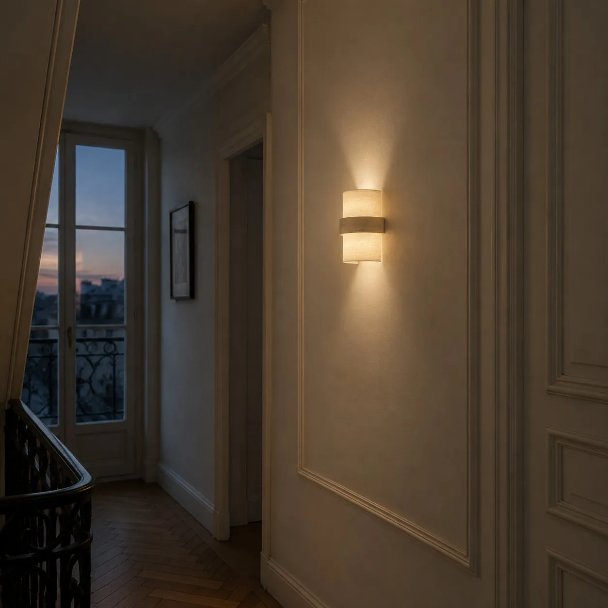 Haussmann landing with travertine fabric wall lamp at dusk
