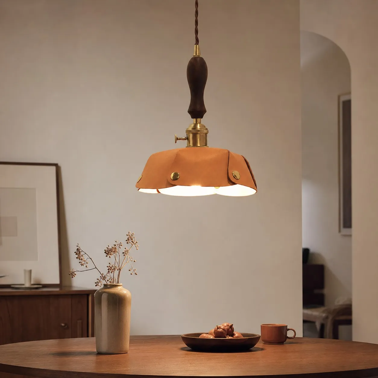 Vintage leather pendant light room scene