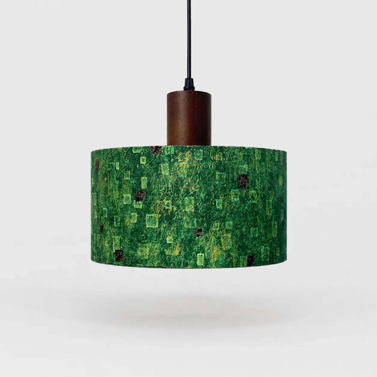 Green gilded patterned fabric drum pendant light, 25 cm shade