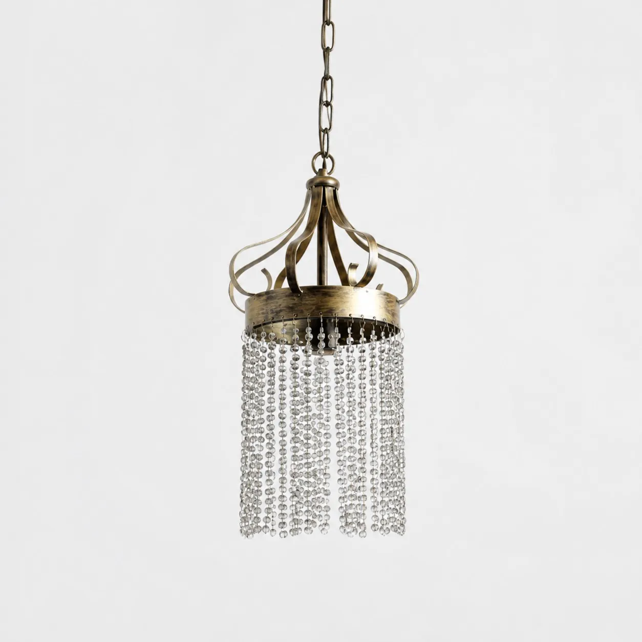 Antique brass pendant light with clear crystal bead strands
