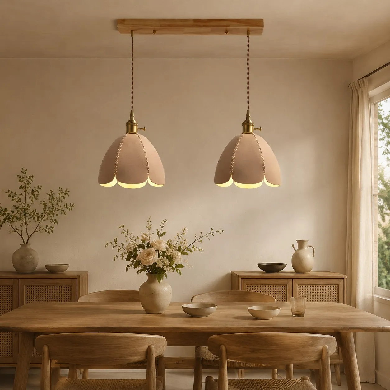 Two natural leather pendant lights above a dining table