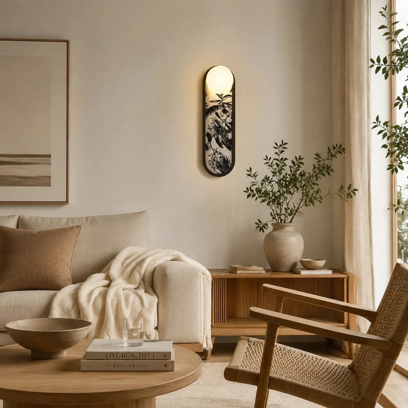 Decorative fabric wall sconce in a soft lounge setting