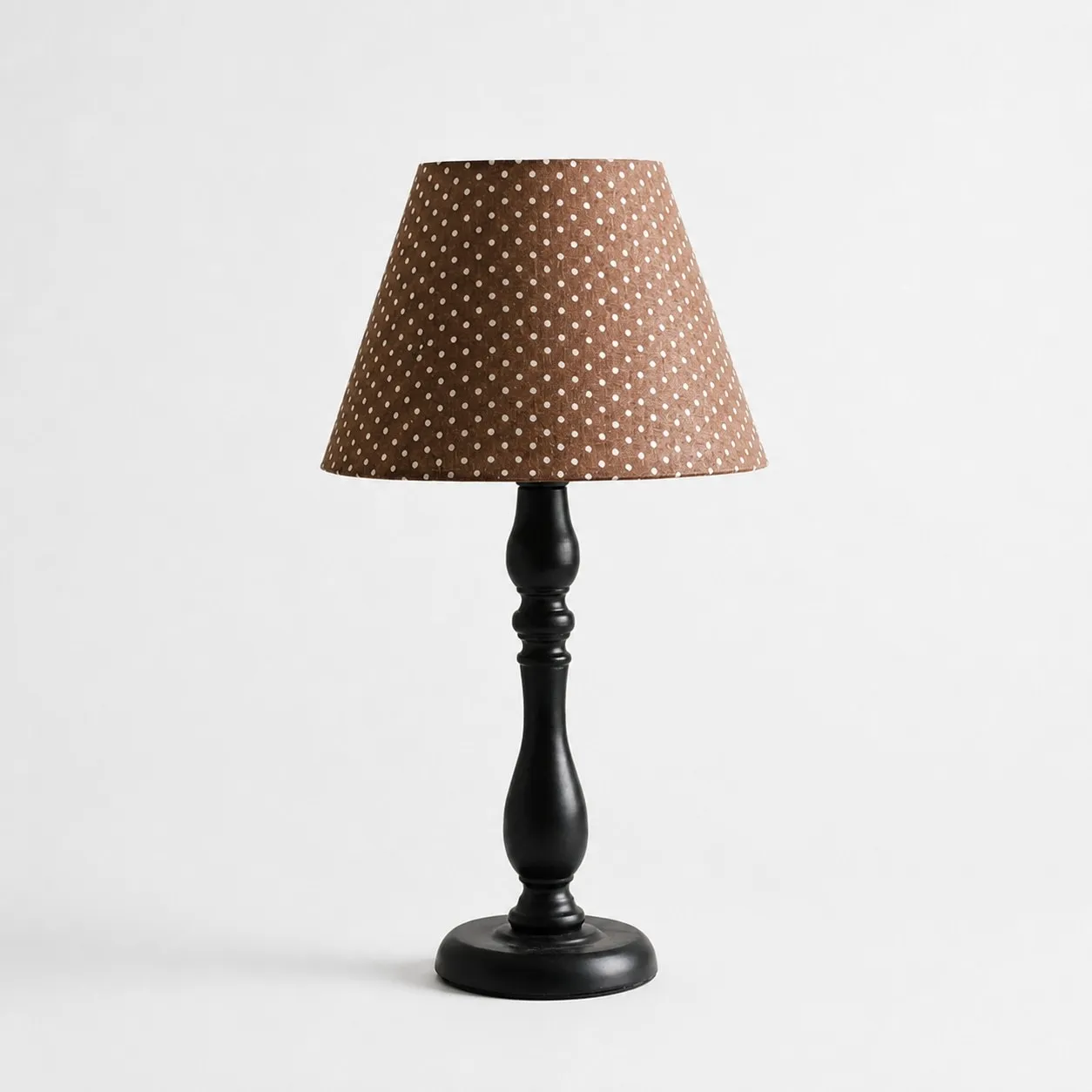 Vintage black iron table lamp with brown polka dot fabric shade