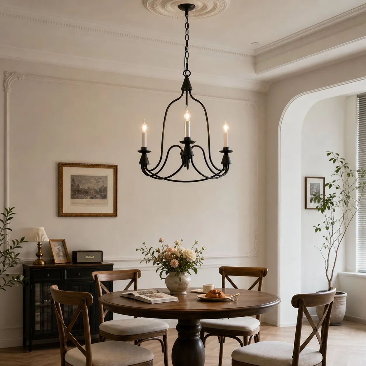 Black three-light candle chandelier above a round dining table