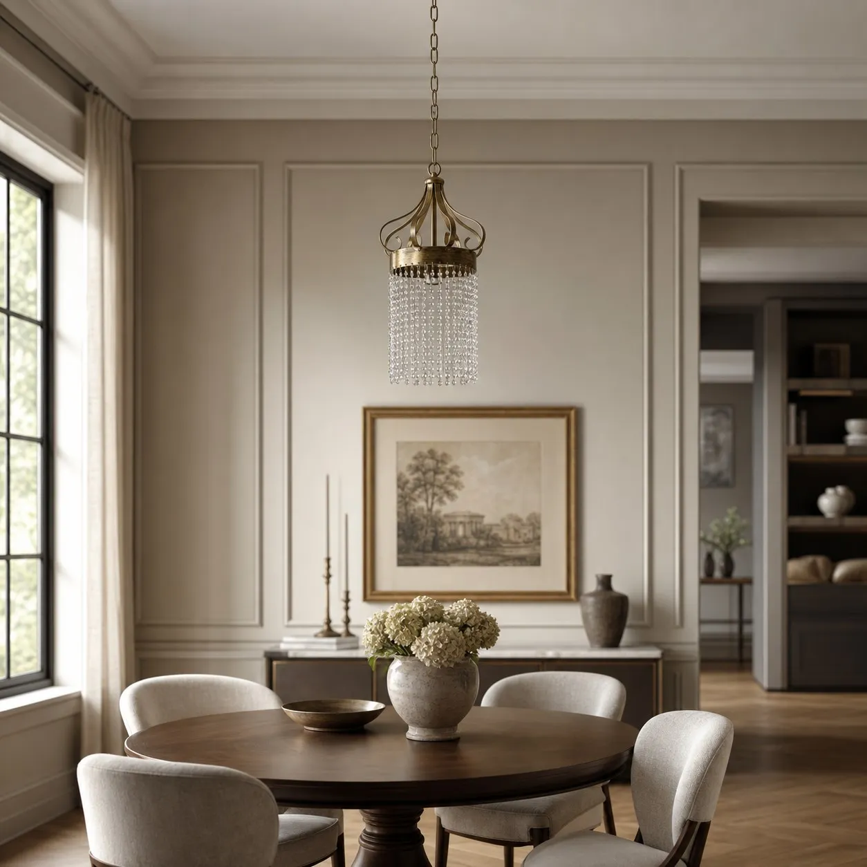 Clear crystal pendant light in a refined neutral dining room