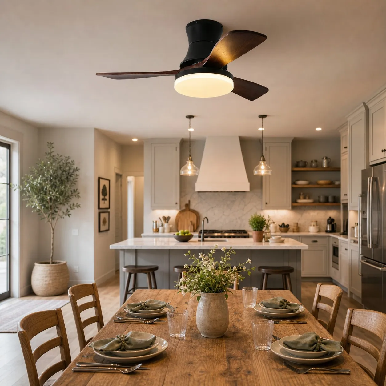 Black walnut ceiling fan light above a dining table