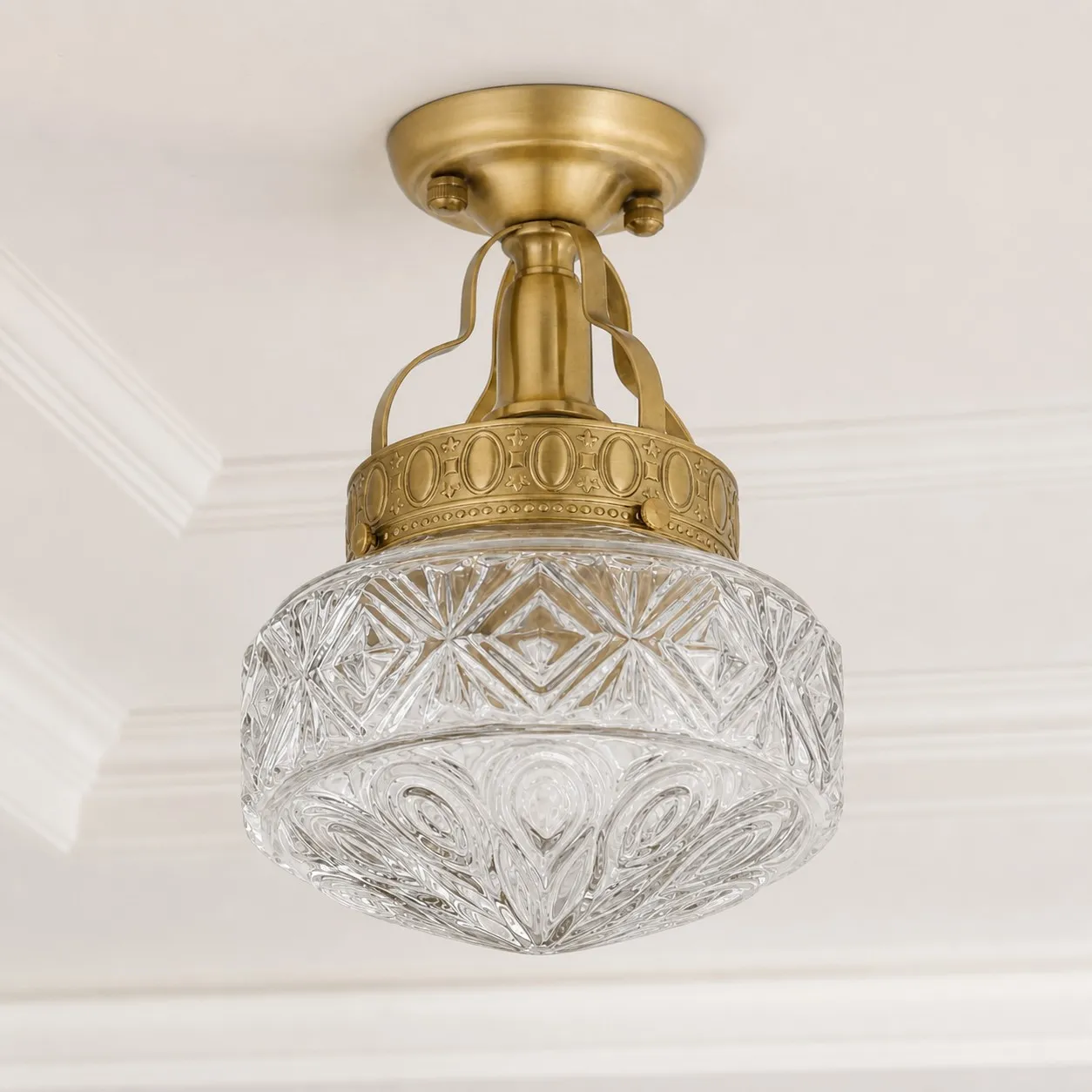 Clear Glass embossed Art Deco ceiling light in a bright classic interior