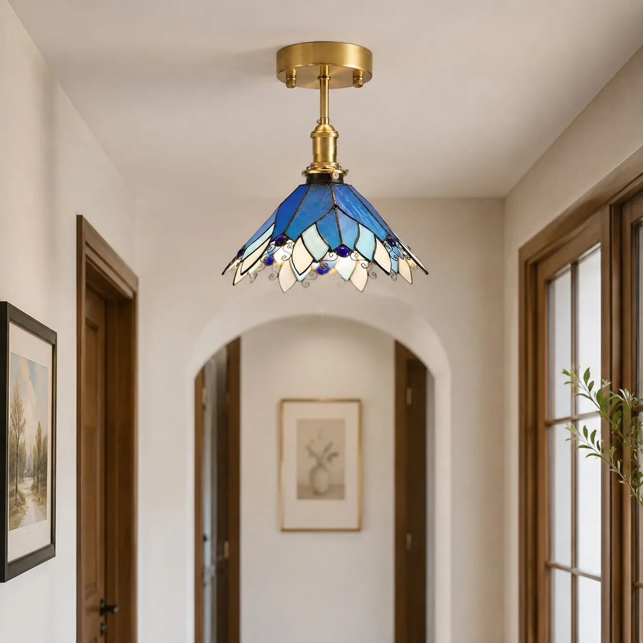 Blue Stained Glass Semi Flush Ceiling Light