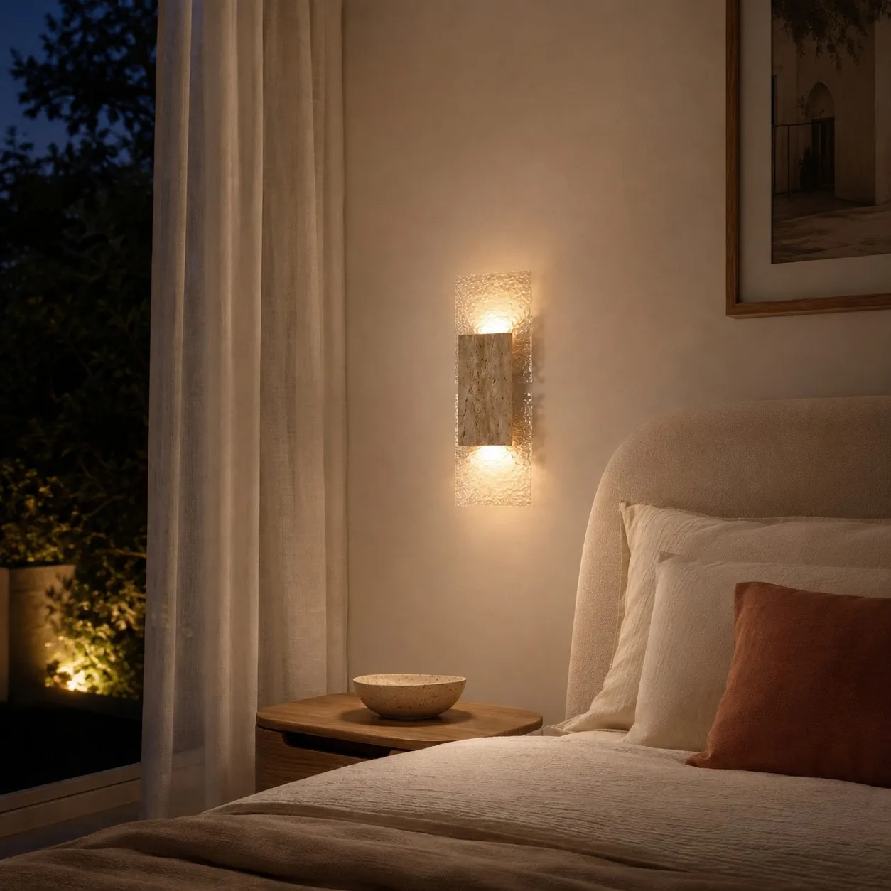 Bedroom bedside travertine wall sconce night scene