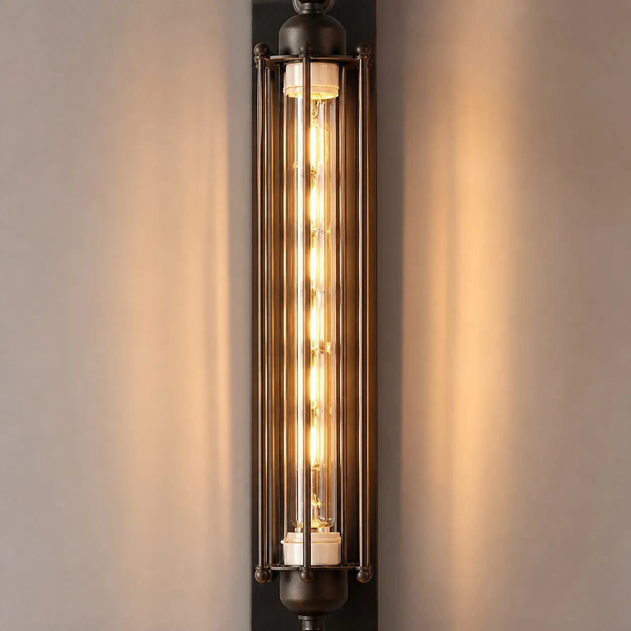 Industrial tube wall sconce vertical wall detail