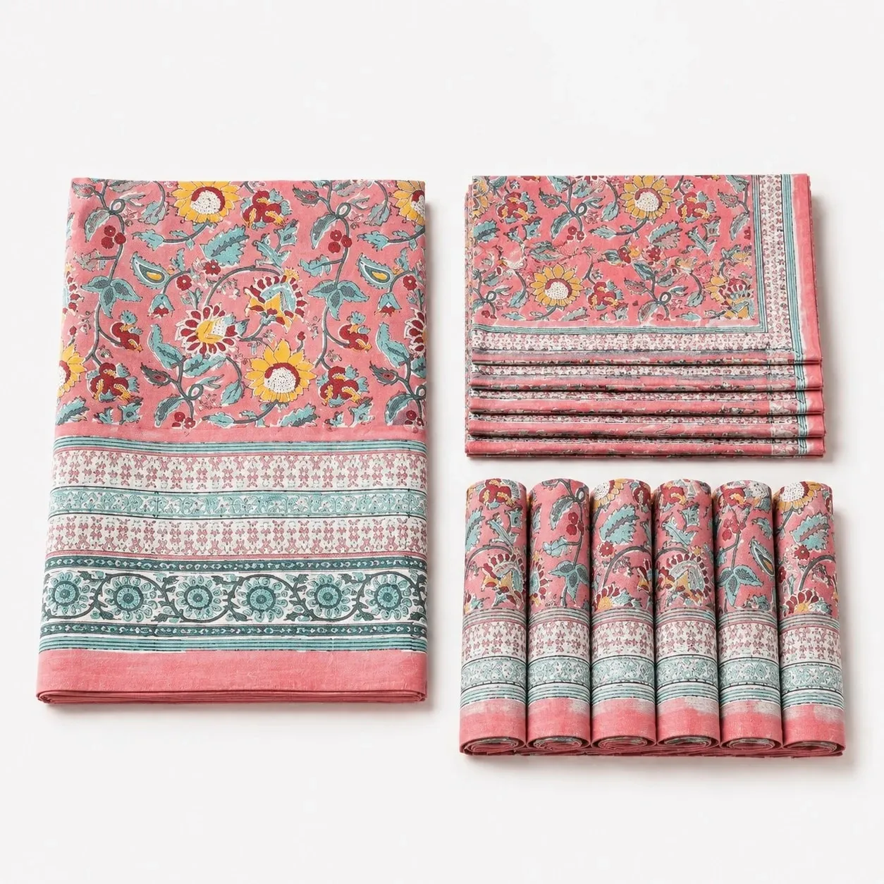 Folded pink garden border floral cotton linen tablecloth set