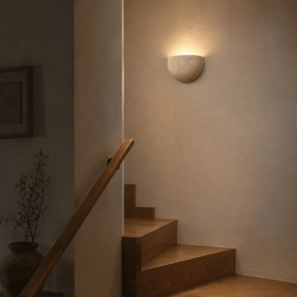 Off white half-bowl wall sconce on a stair landing