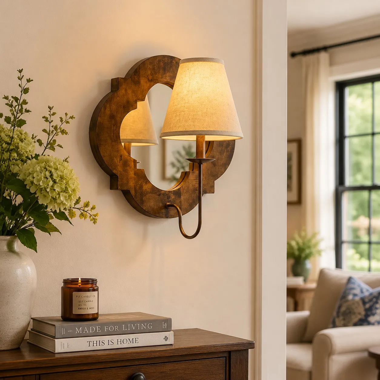 Antique Wood Wall Sconce With Fabric Shade