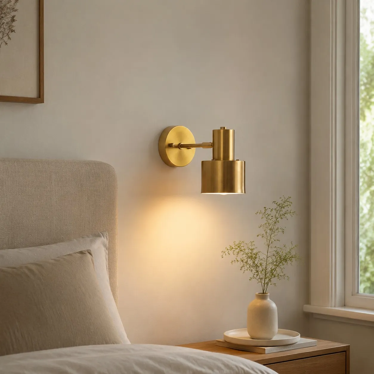 Brass wall sconce casting warm light in a bedroom