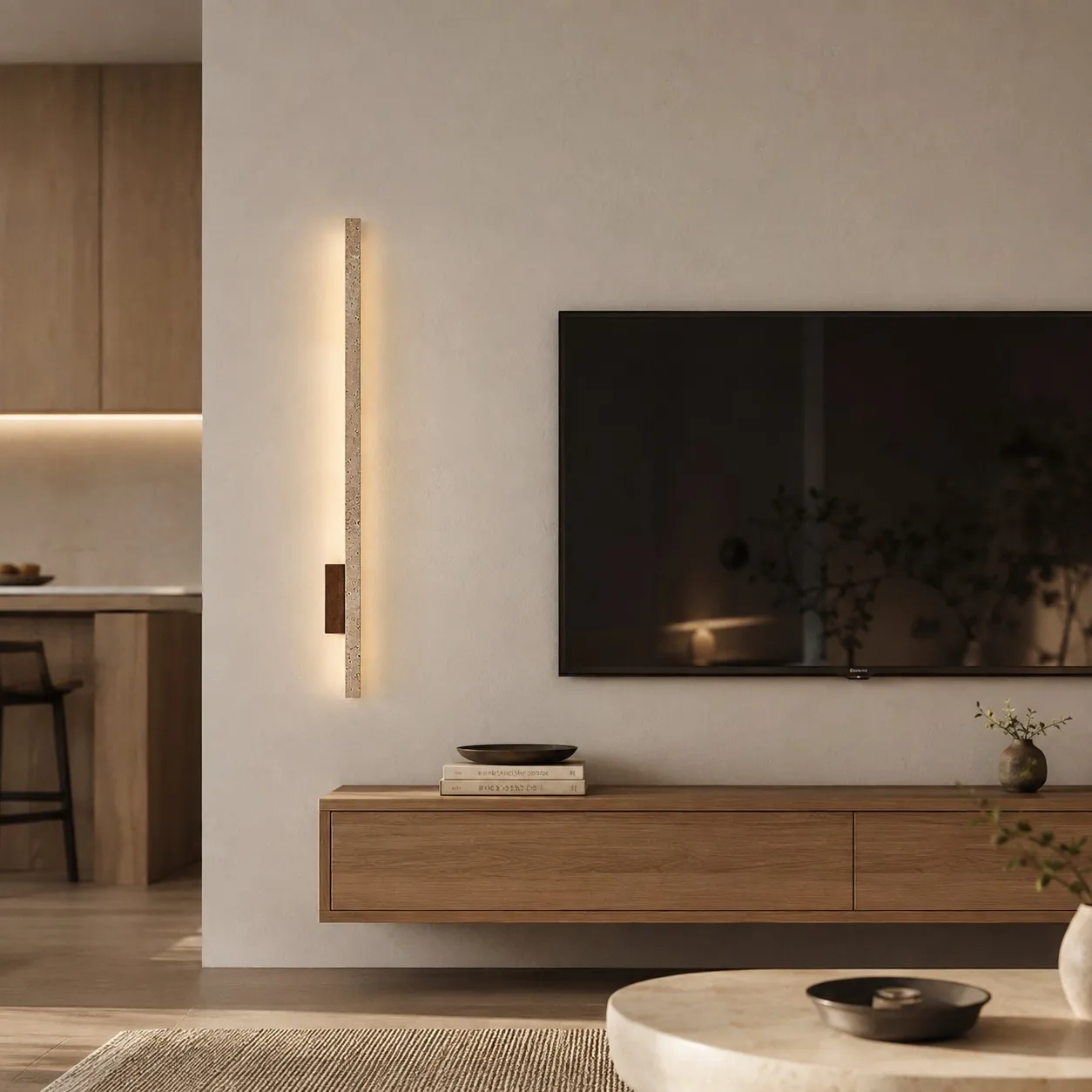 Beige 90cm linear wall light beside TV media wall