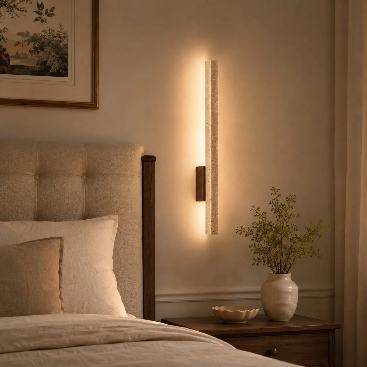 Beige linear wall light bedside bedroom scene