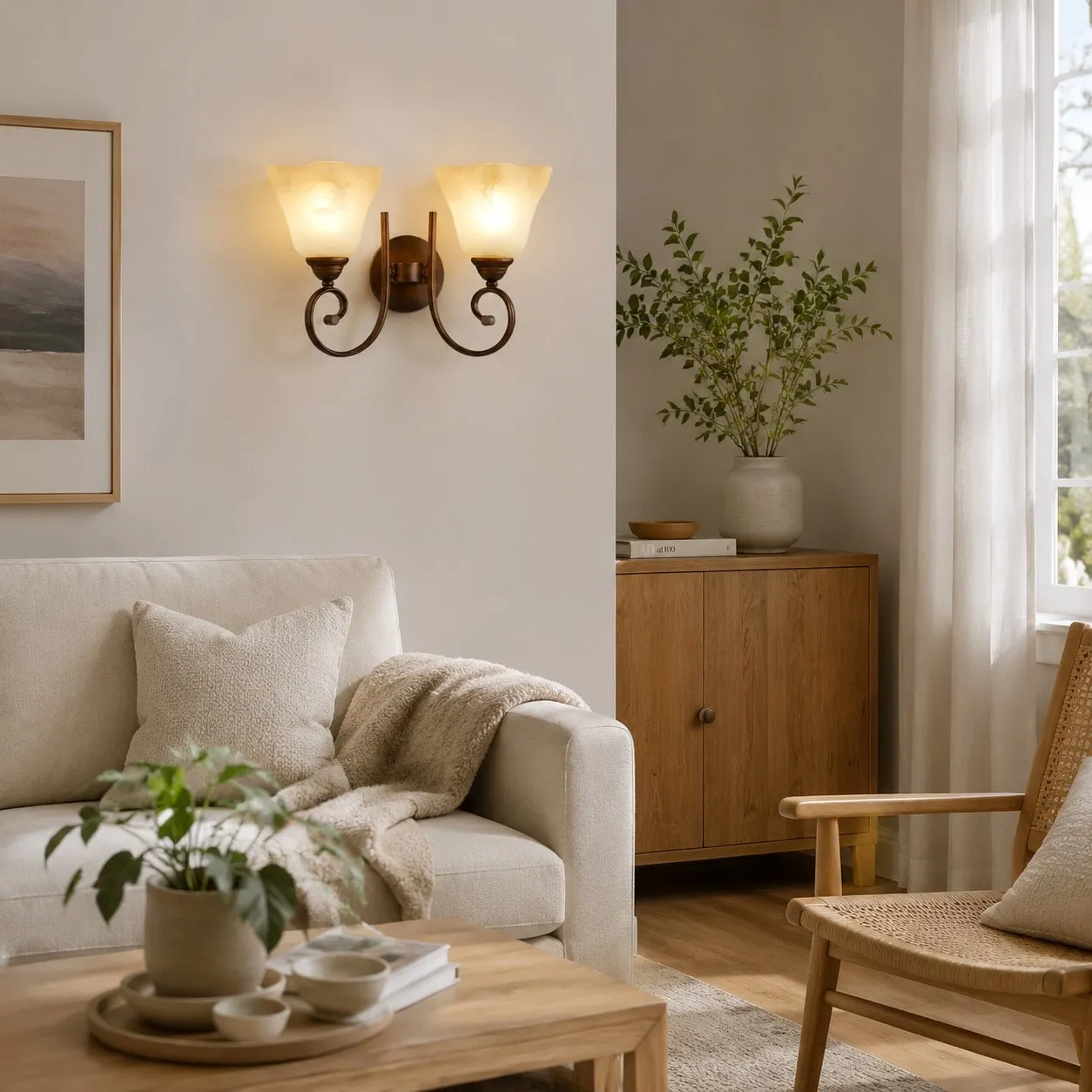 Vintage frosted glass wall sconce in a warm living room