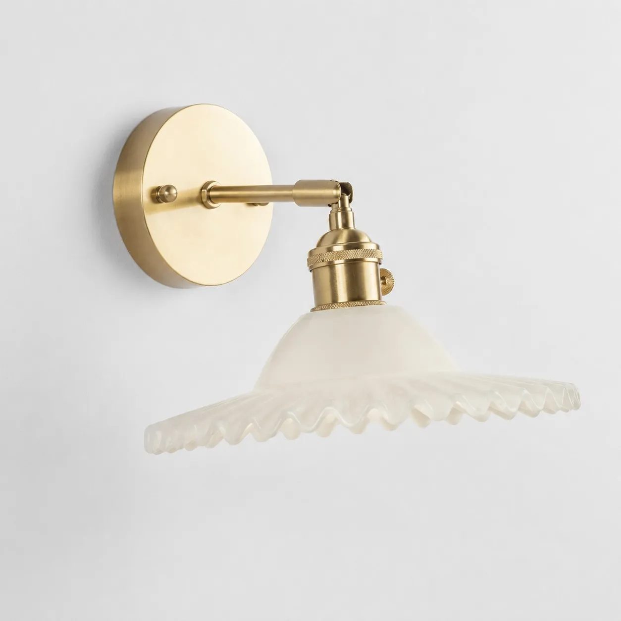 Ceramic white glass wall light with brass arm, 912BZ shade 7 cm high and 22 cm diameter