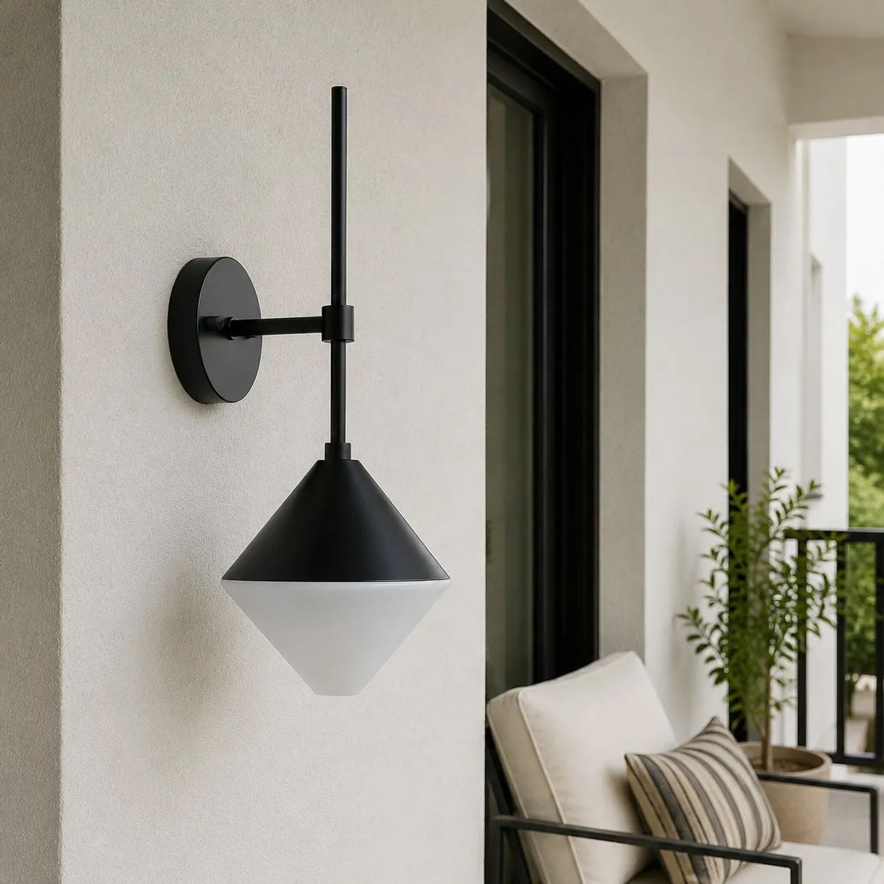 black and white outdoor wall sconce on a covered balcony wall