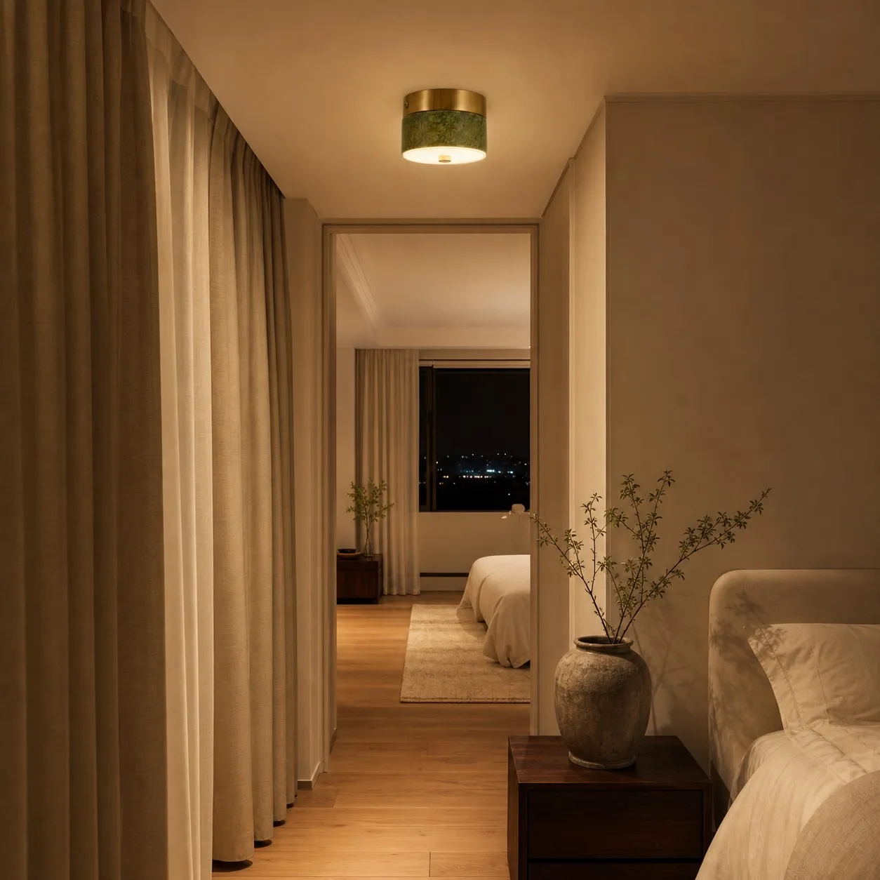 Green jade flush mount ceiling lamp beside a bedroom walkway