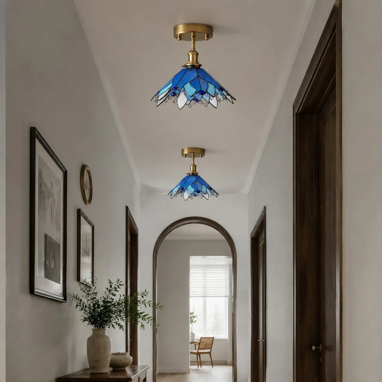 Blue Stained Glass Semi Flush Ceiling Light