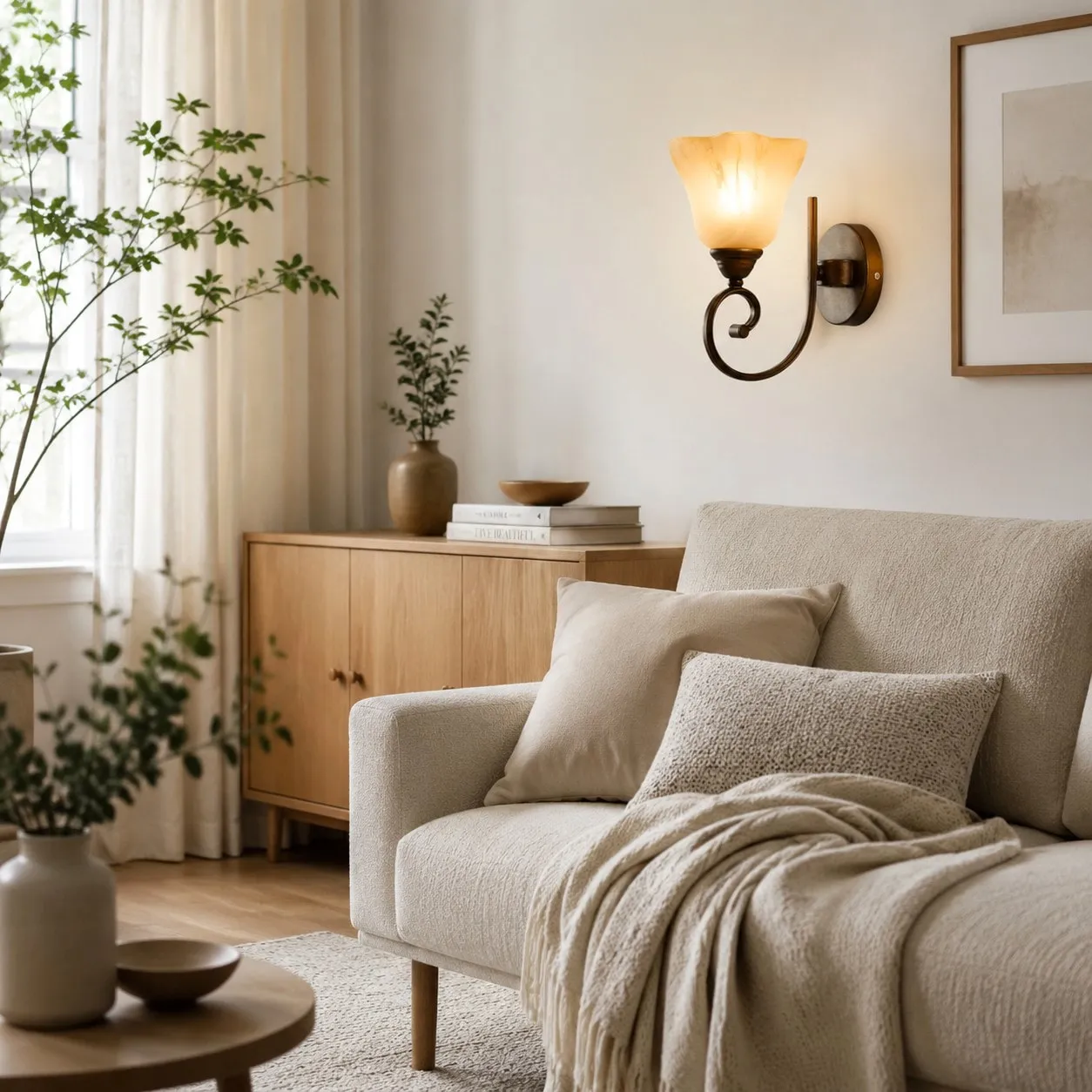 Wall sconce above a cabinet and sofa