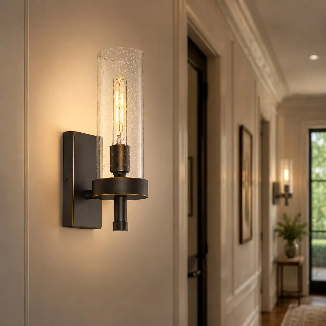 Wall sconce installed in a corridor setting