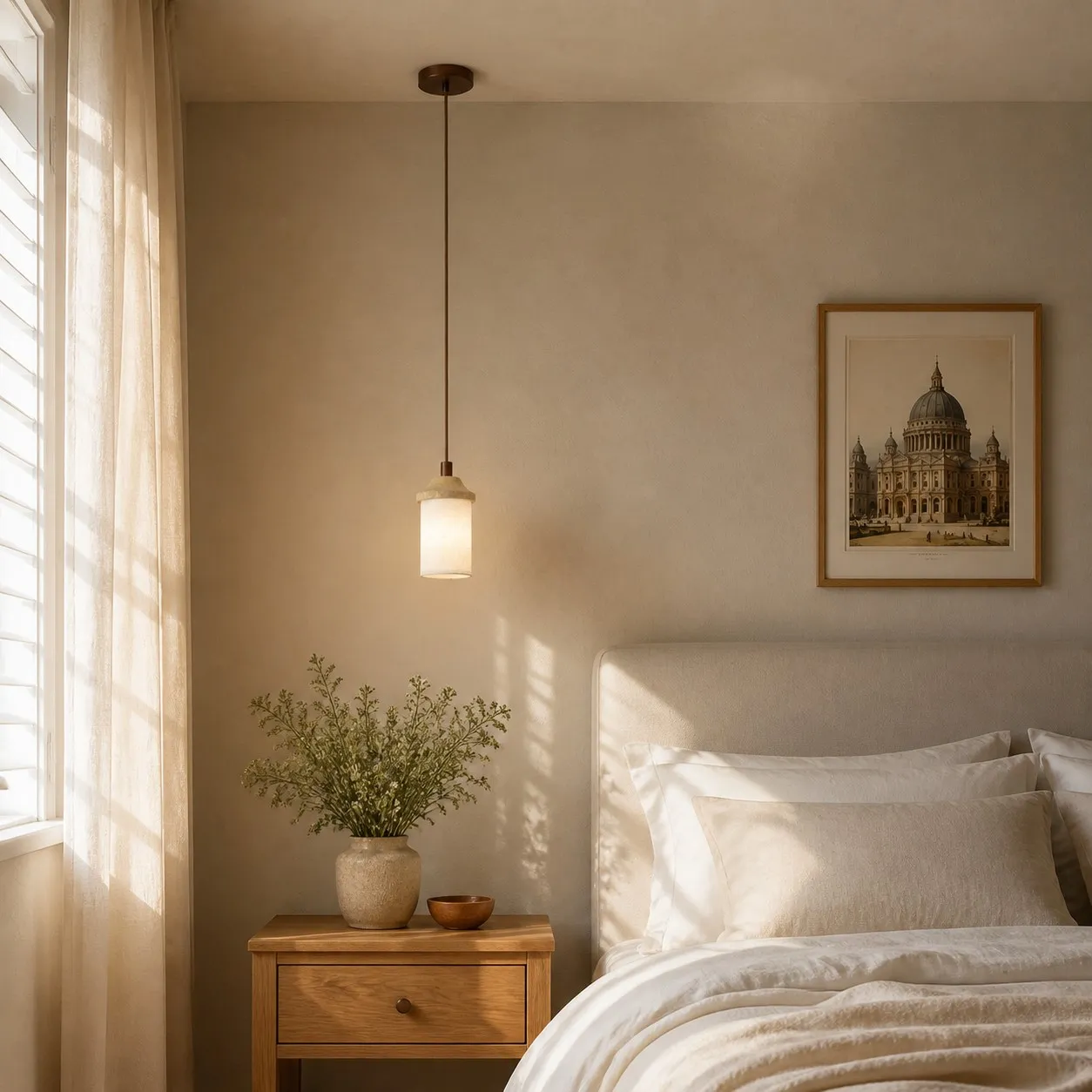 Walnut travertine-style pendant over bedside table