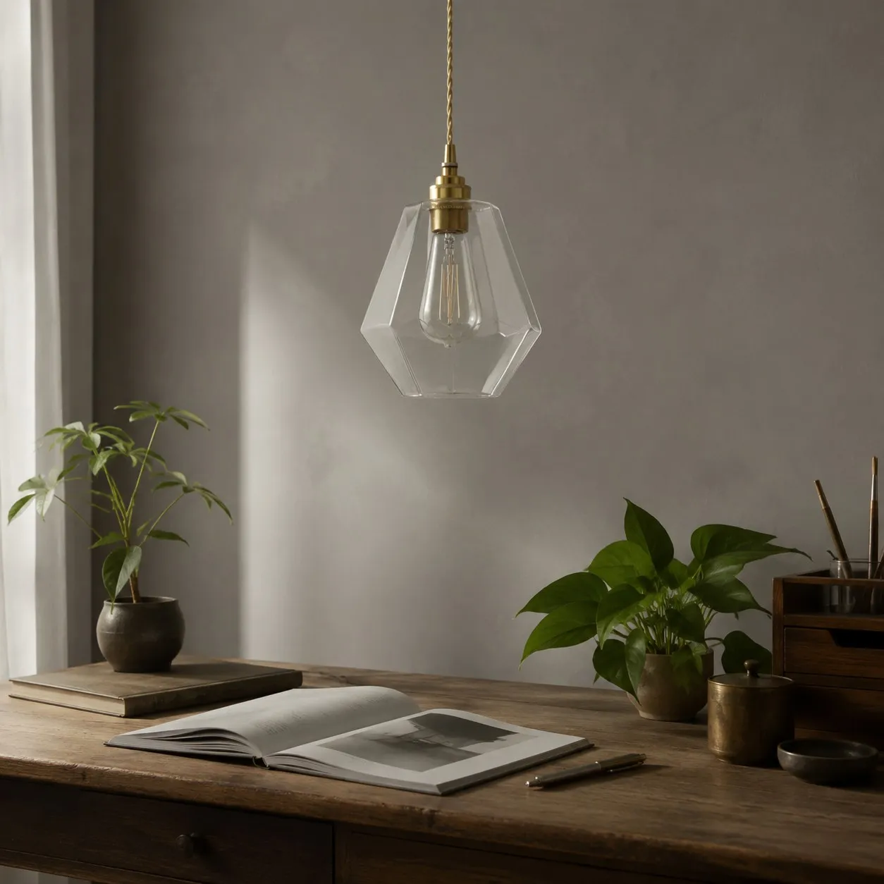 Clear faceted glass pendant light above a wooden desk
