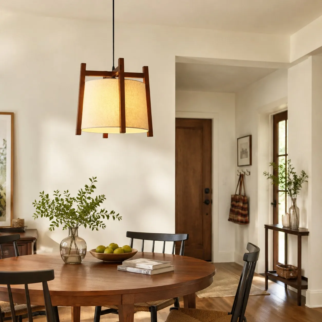 Single walnut fabric pendant light above a dining table
