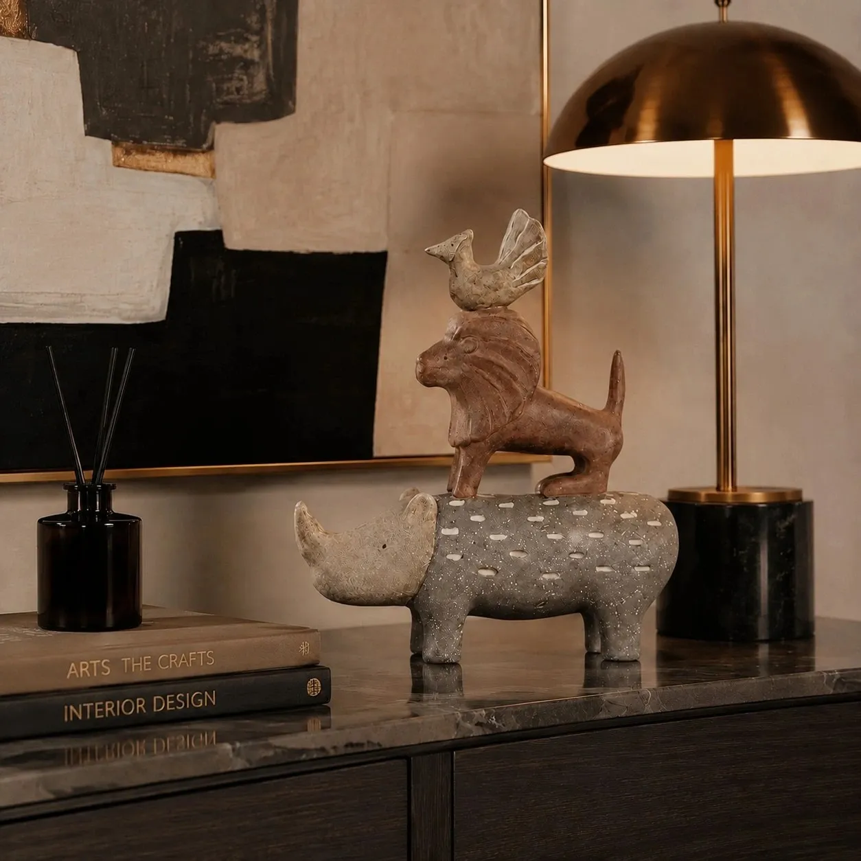 Qilin resin animal sculpture styled on a console table