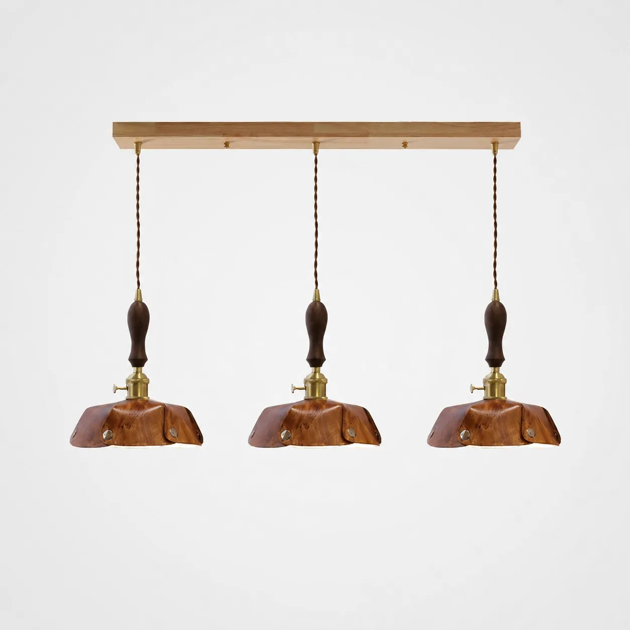 3-Light Linear Pendant Vintage Brown Leather Bar 75 cm / 29.5 in; Shade Dia. 25 cm / 9.8 in