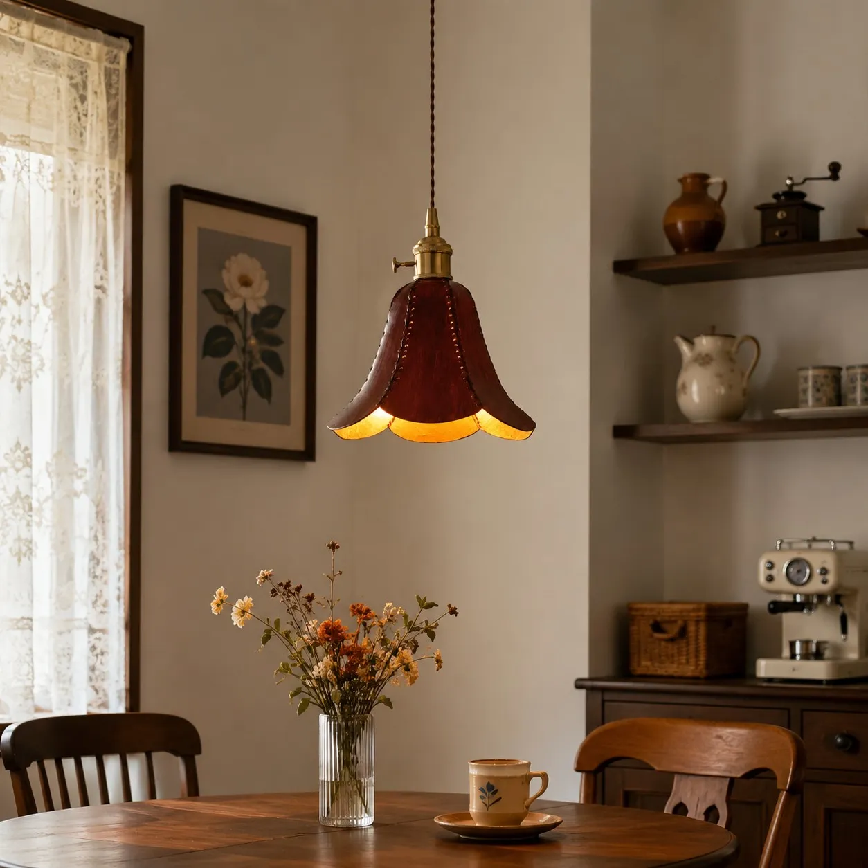 Brown single pendant in a dining room