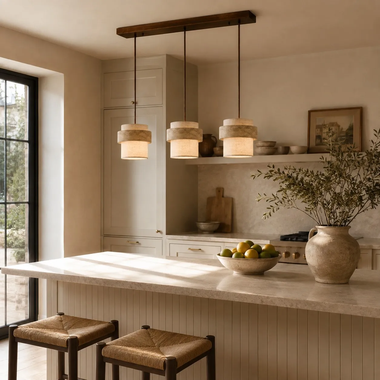 3 Heads travertine pendant over a kitchen island