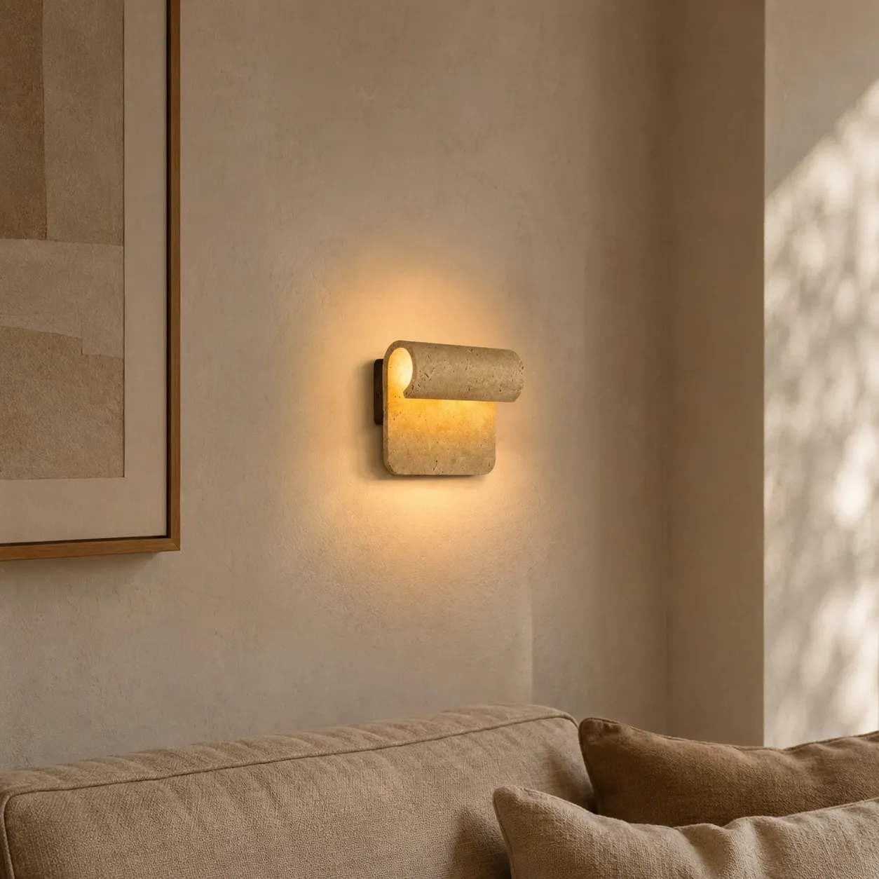 Travertine wall sconce above a sofa on a mineral plaster wall