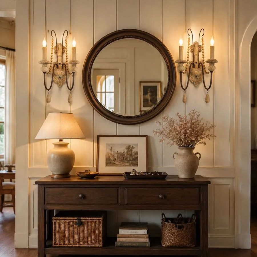 Two-light wall sconces framing a round mirror above an entry console