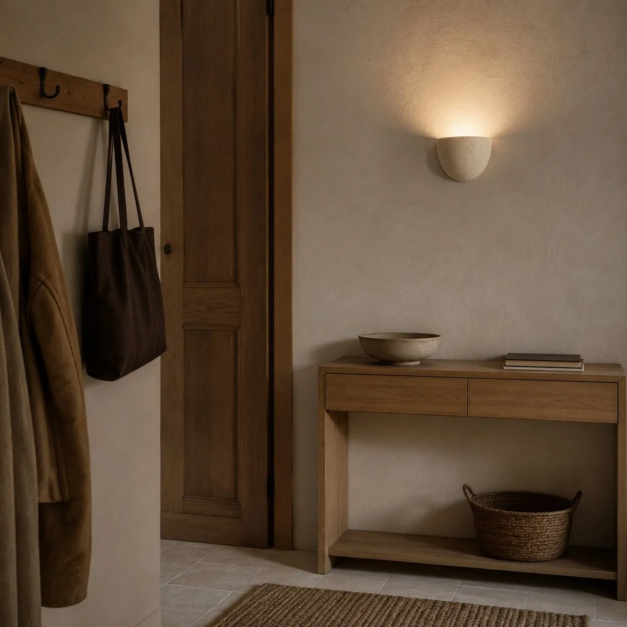Off white half-bowl wall sconce in a French apartment entry