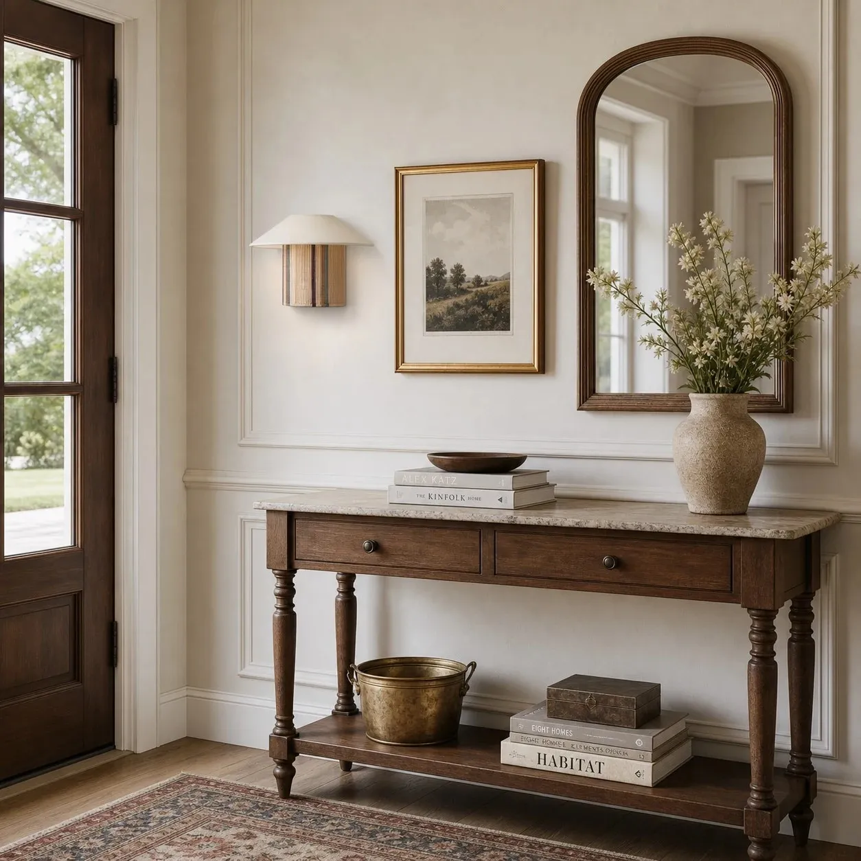 Woven wall sconce entry console scene