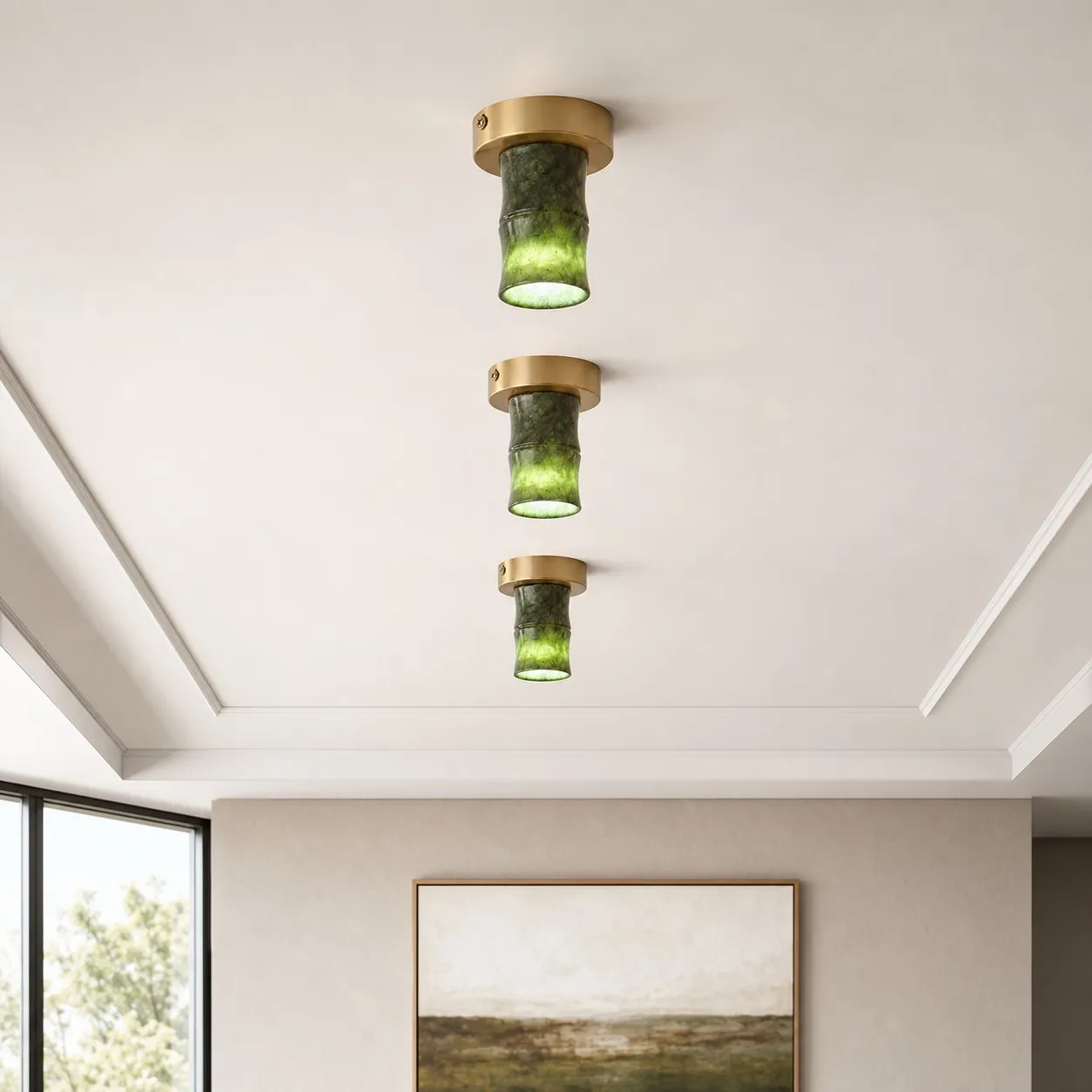 Three Jade Lamps ceiling lamps arranged along a room