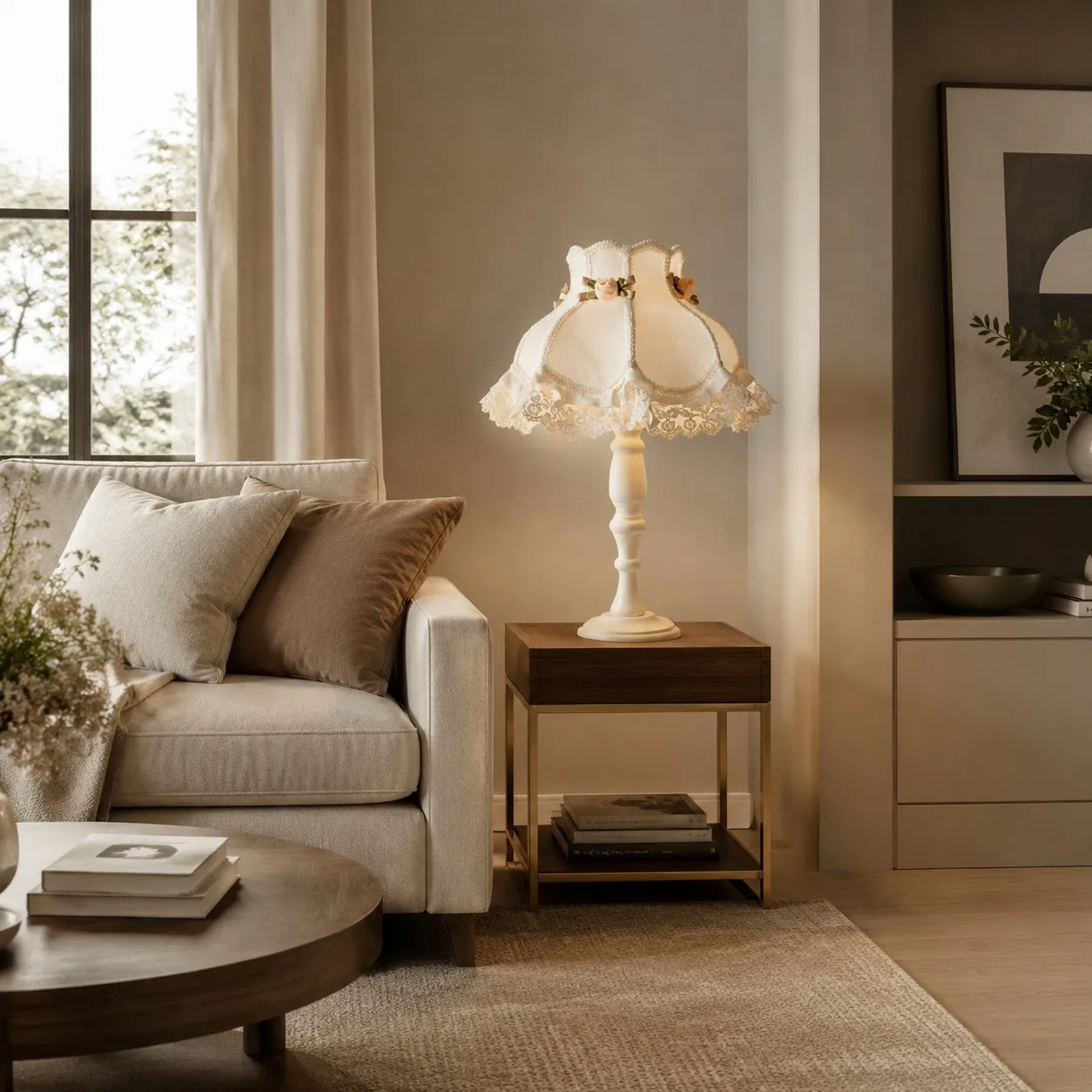 Ivory lace table lamp beside a sofa and window