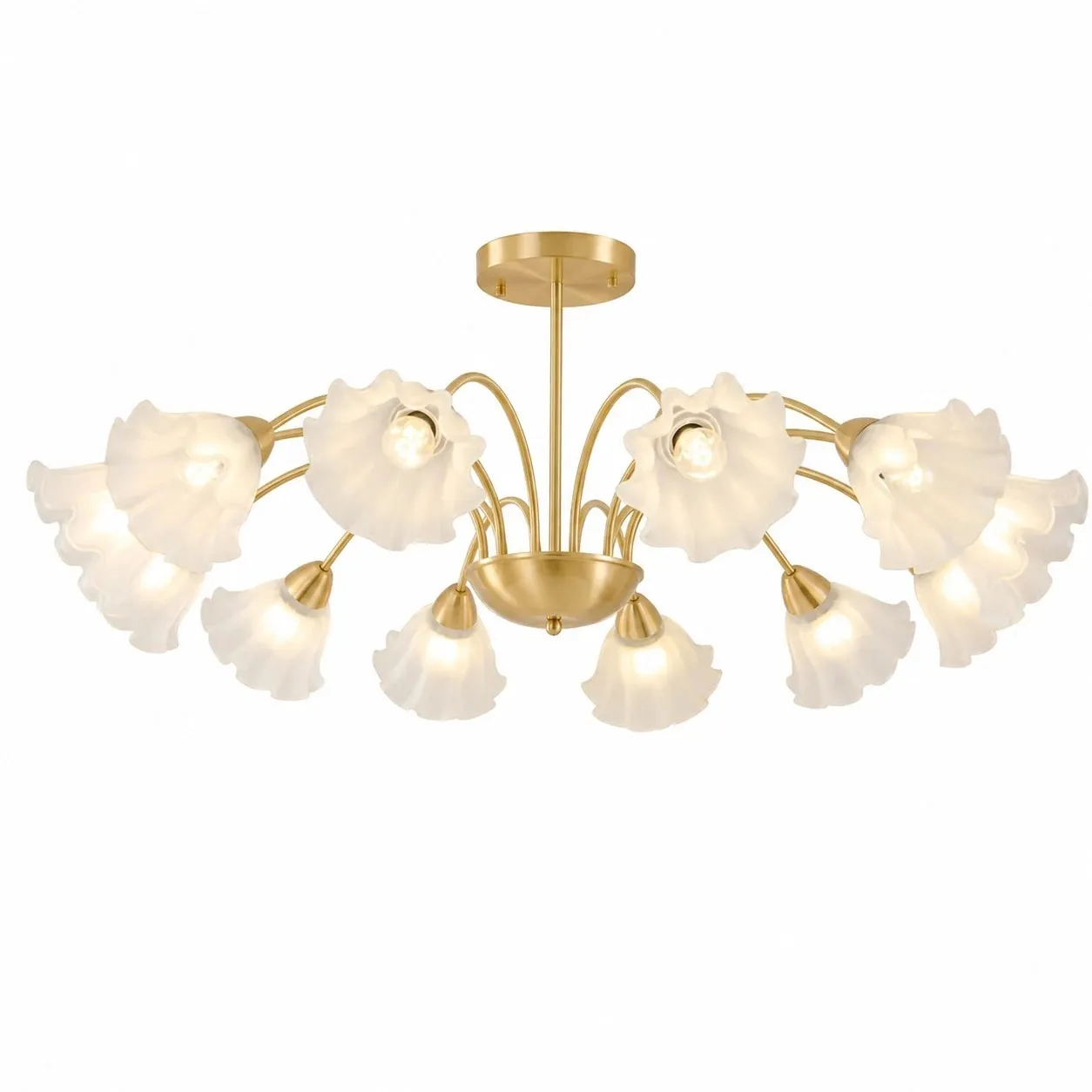 Solid brass twelve-arm floral glass chandelier on a white background
