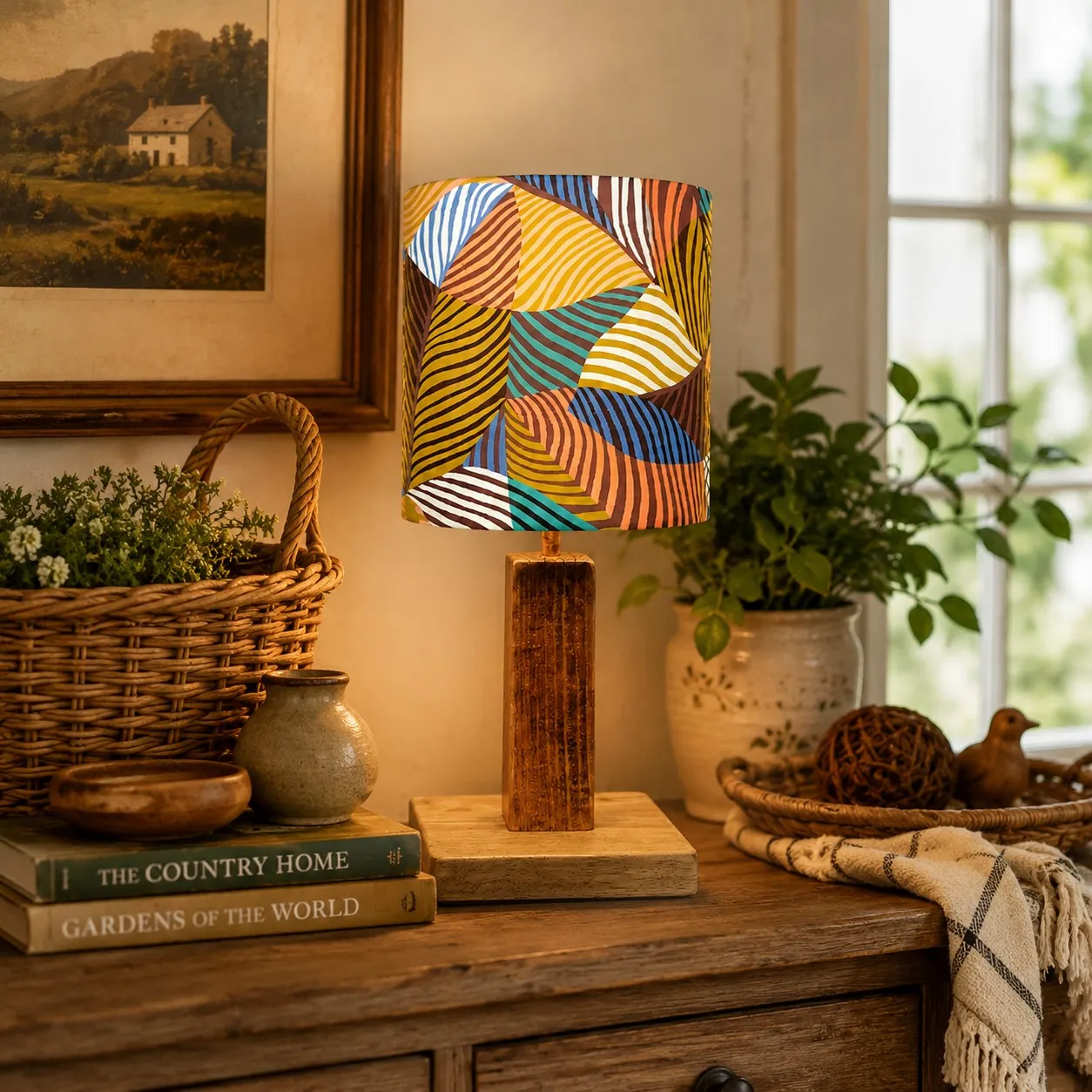 Colorful printed fabric table lamp in a styled interior