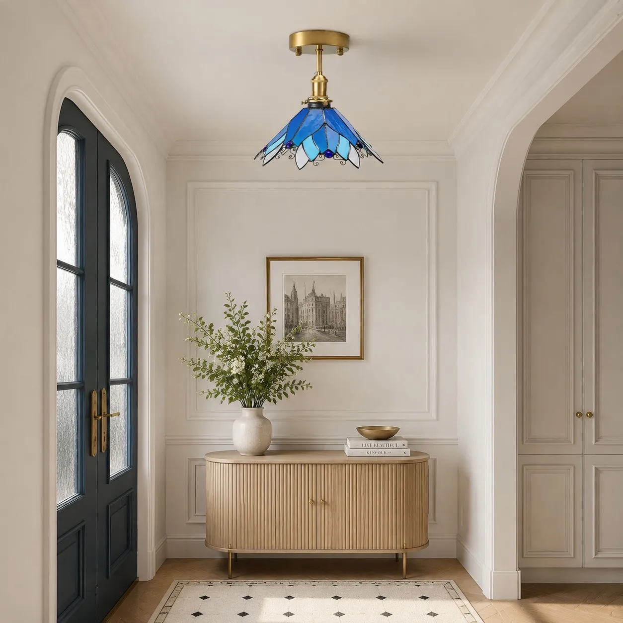 Blue Stained Glass Semi Flush Ceiling Light
