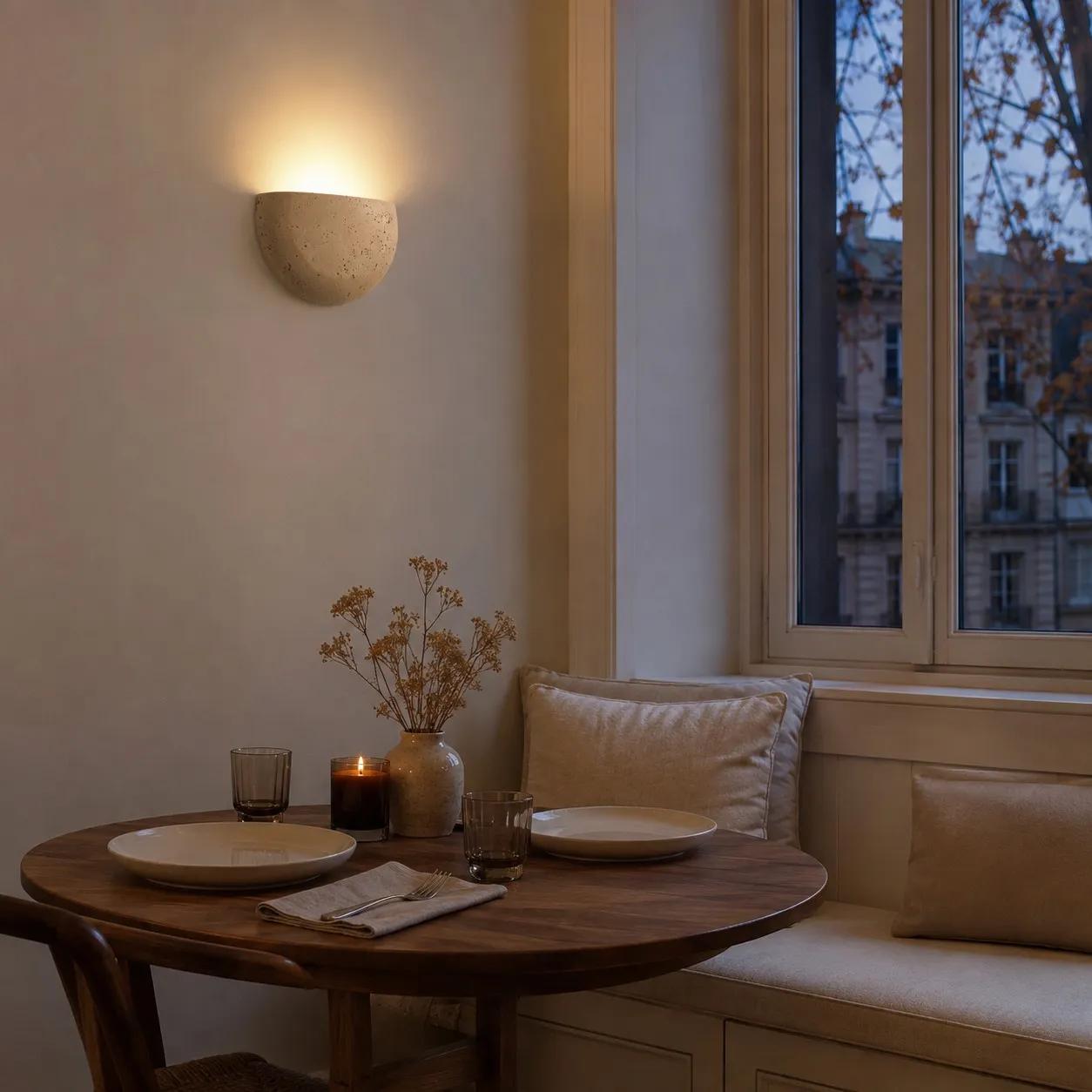 Off white half-bowl wall sconce in a window dining nook