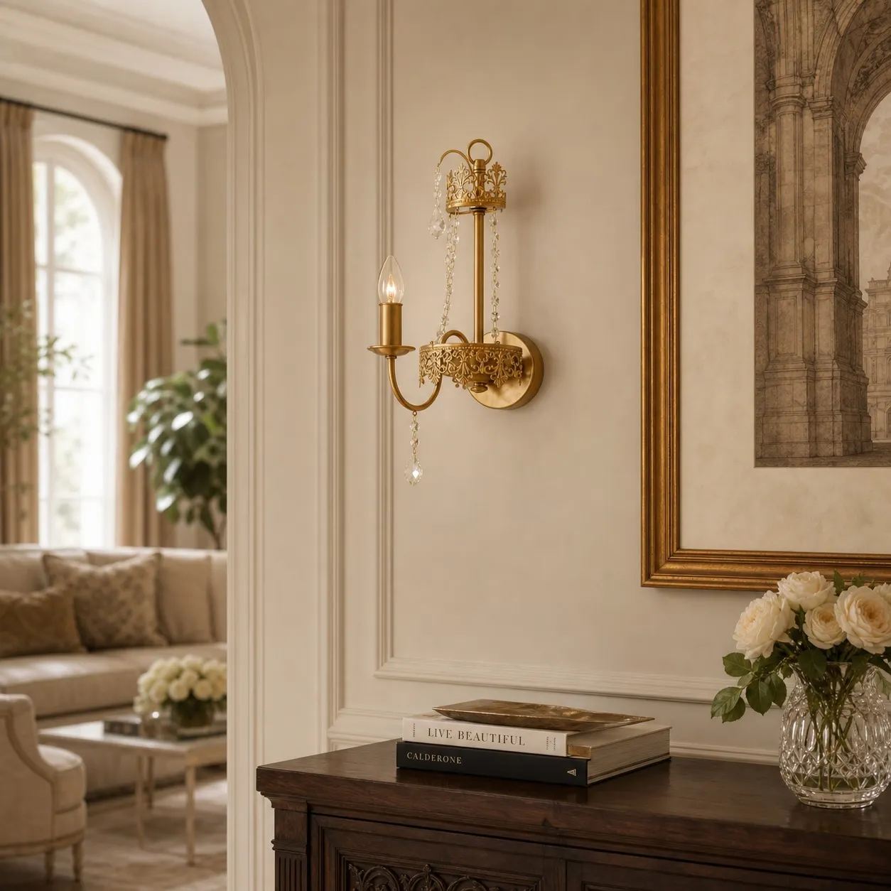 Antique brass crystal wall sconce illuminating an elegant interior passage