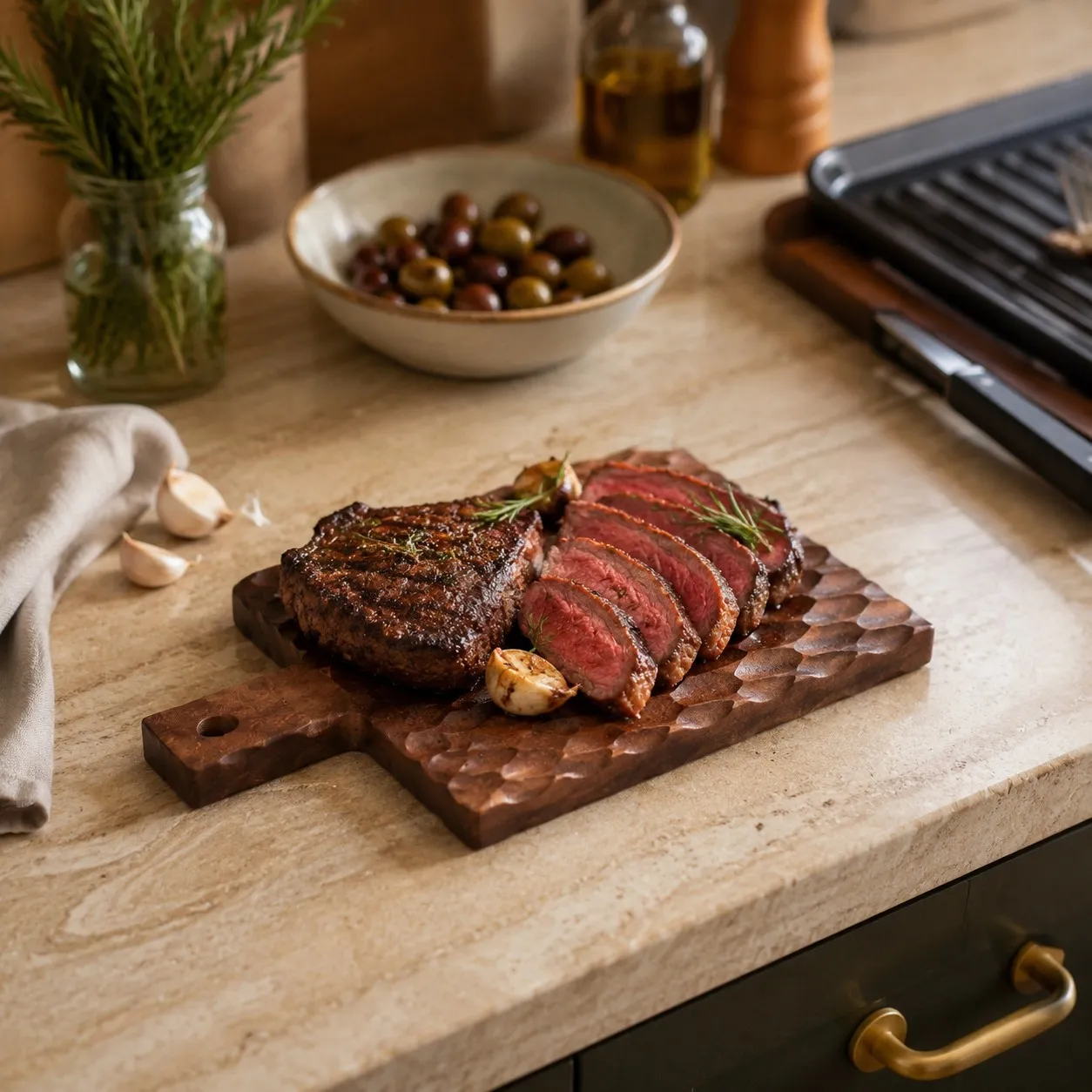 Textured wood board used for a prepared food presentation