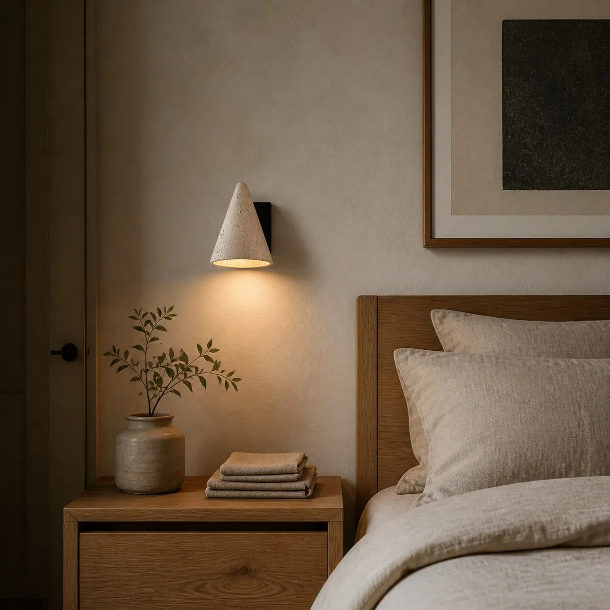 Bedside travertine cone wall sconce warm night scene