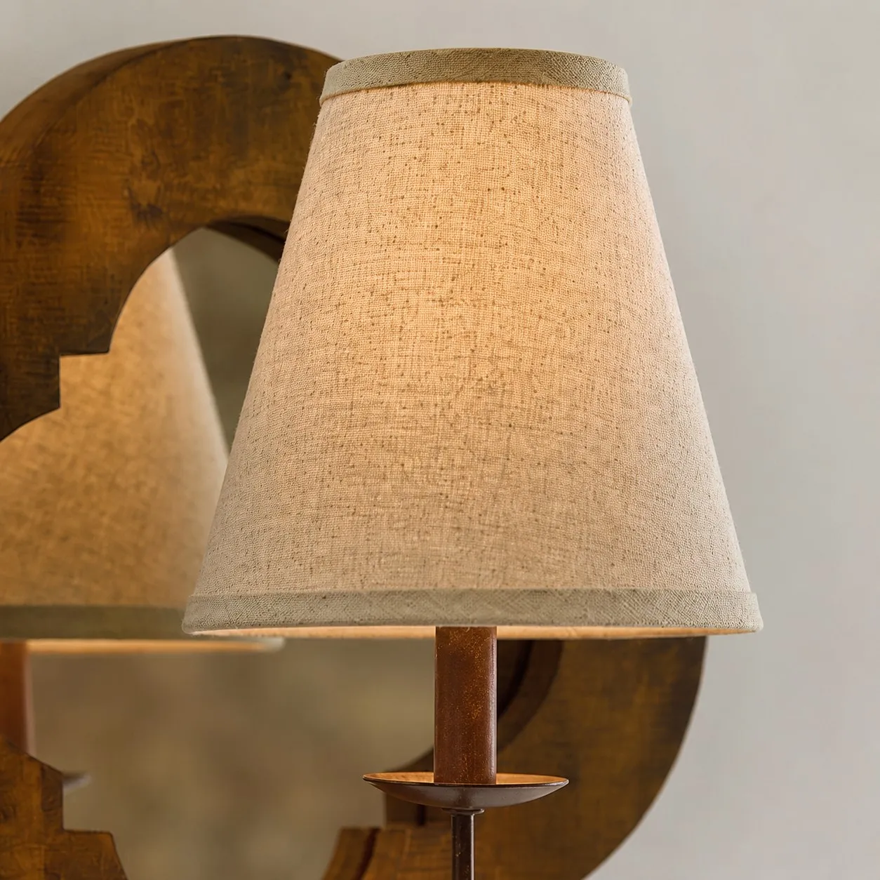 Antique Wood Wall Sconce With Fabric Shade